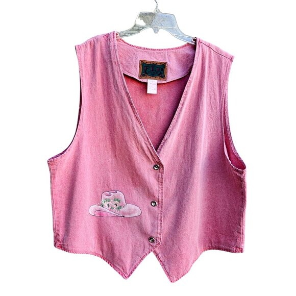 Vintage Pink Denim Western Vest Plus Size XXL Hand Painted Cowgirl Roses - Picture 2 of 11